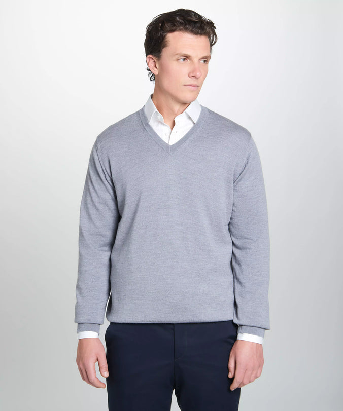 Pale Grey Merino Wool V-Neck Sweater