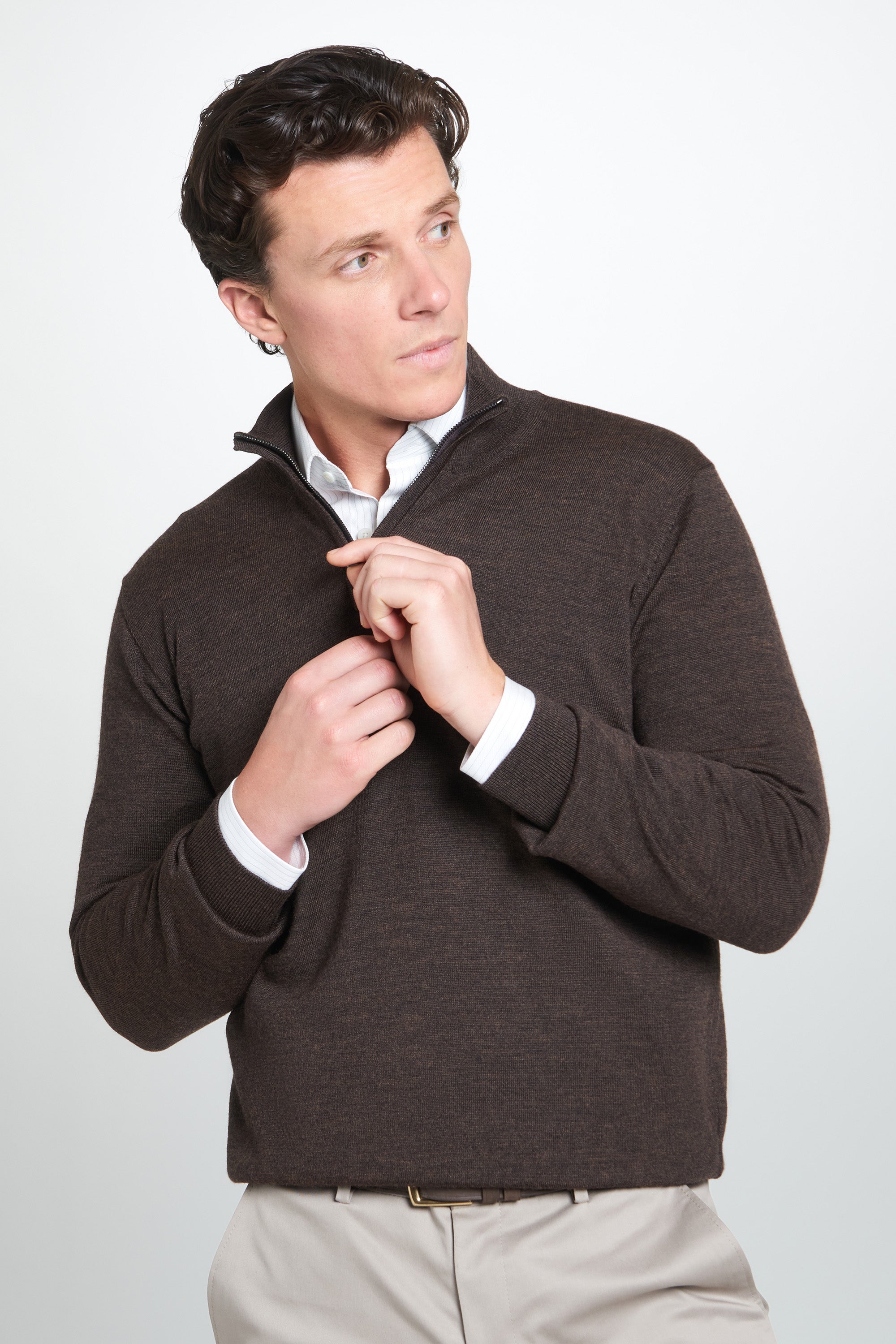 Chocolate Merino Wool Zip Neck Sweater