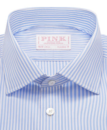 Pale Blue & White Classic Fit Double Cuff Essential Bengal Stripe Formal Shirt
