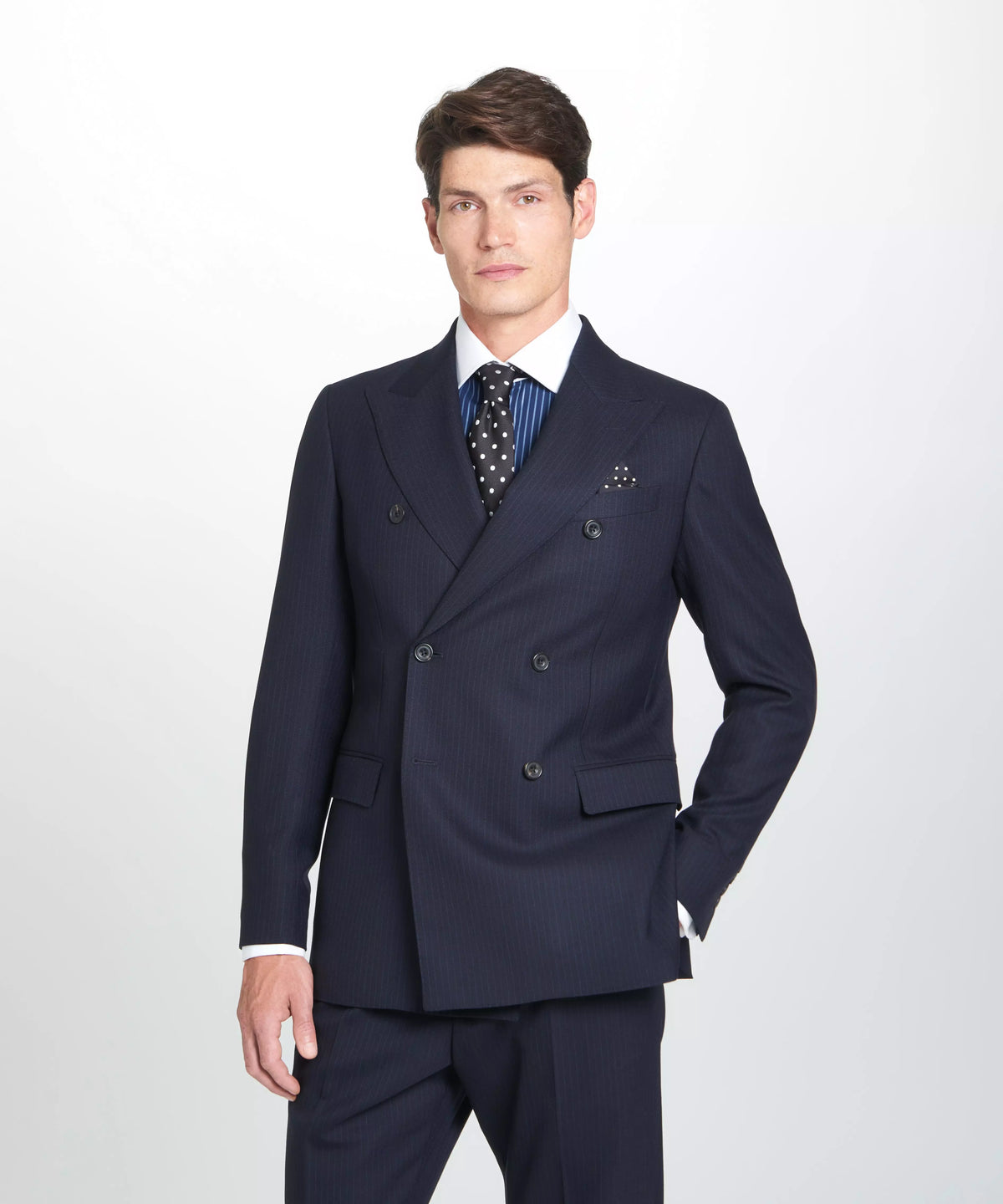 Navy Tailored Fit Chalk Stripe Double Breasted Jacket