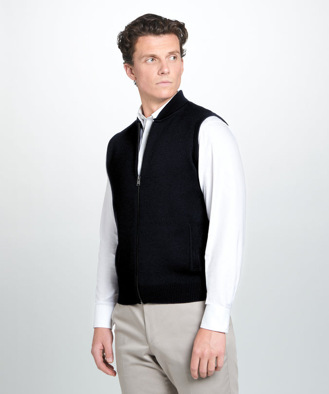 Black Knitted Merino Wool Zipper Gilet