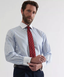 Pale Blue & White Slim Fit Double Cuff Barbican Stripe Formal Shirt